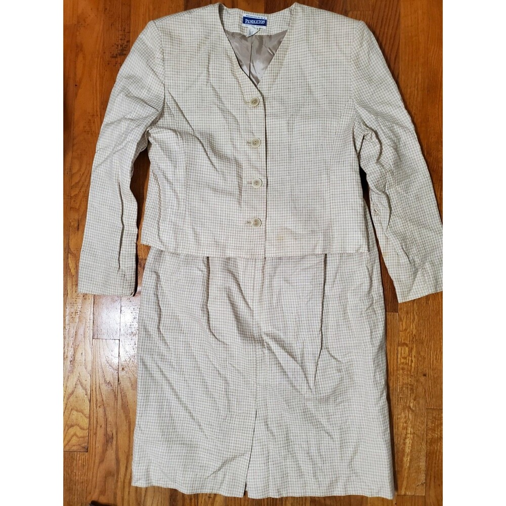 Pendleton Blazer And Skirt Set Size 12 Beige Checkered Rayon Flax Blend USA Made